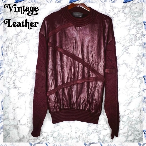⭐️ SAXONY COLLECTION 80s Men’s LEATHER & Knit Maroon Textured Sweater Size XL